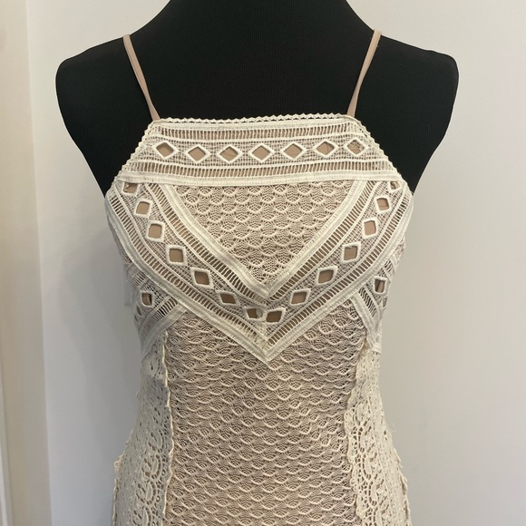 Greylin Off White Crochet Lace Nude Lined Cocktail Boho Mini Dress - Picture 4 of 10
